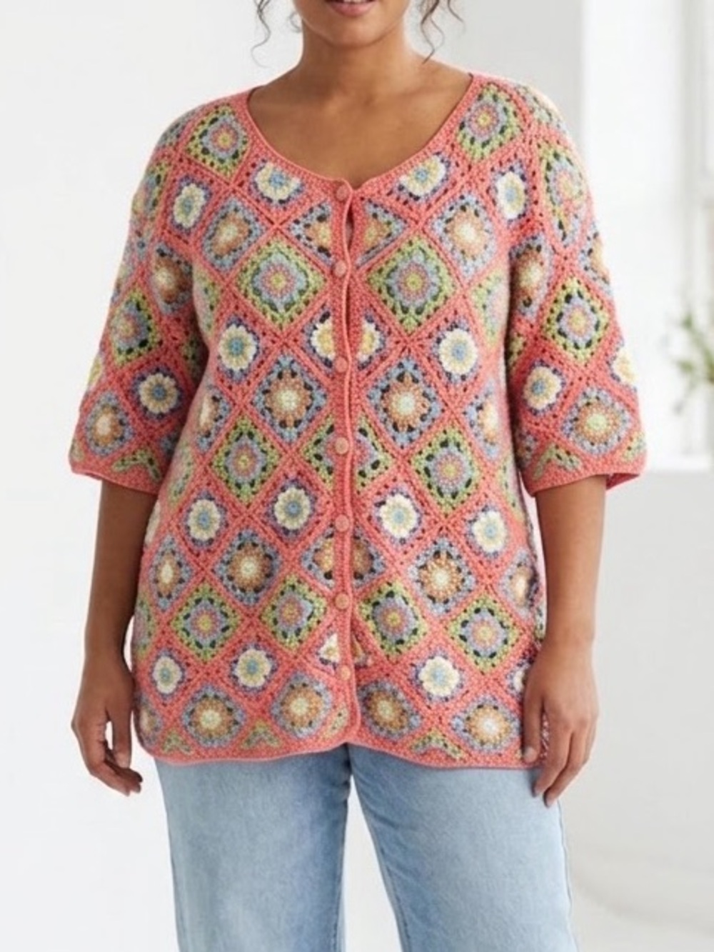 Vintage Crochet Granny Square Cardigan Sweater